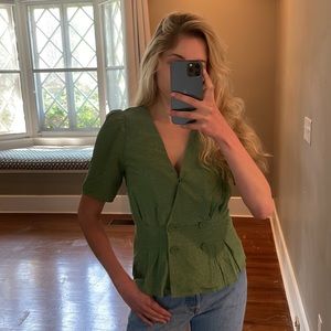 & Other Stories Green Double Breasted Puff Sleeve Blouse